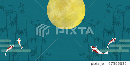 水彩風錦鯉の背景素材 日本庭園 竹林のイラスト素材