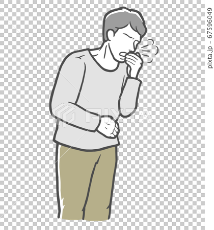 口を手で押さえて咳をする長袖を着た若い男性 67596049