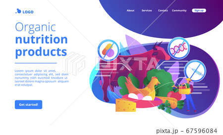 Free from antibiotics hormones GMO foods concept landing page. 67596084