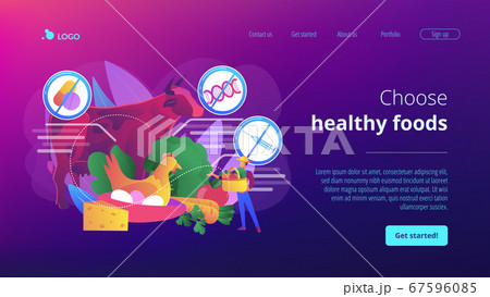 Free from antibiotics hormones GMO foods concept landing page. 67596085