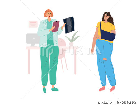 A woman with a sore hand at the doctor appointment. The doctor looking at her X-ray. A woman with a sore hand at the doctor appointment. The doctor looking at her X-ray. 67596295