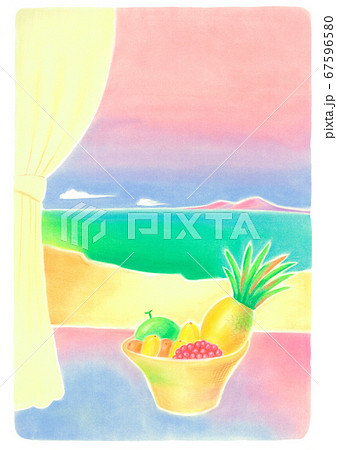 窓辺にトロピカルフルーツ 窓から海のリゾート景色が見えるのイラスト素材