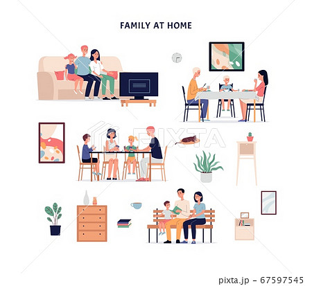 Family characters set spending time at home flat vector illustration isolated. Family characters set spending time at home flat vector illustration isolated. 67597545