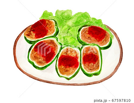 ピーマンの肉詰め 水彩画 のイラスト素材