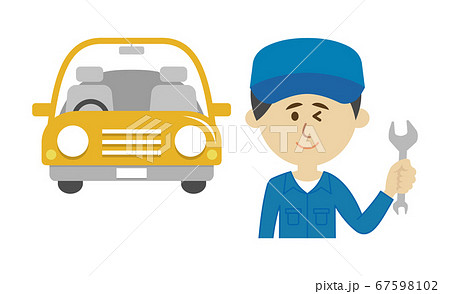 自動車整備士と車のイラストイメージのイラスト素材