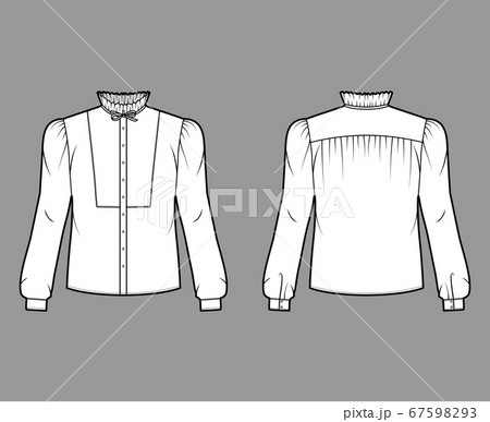 Bow-detailed blouse technical fashion illustration with ruffled collar, long sleeves with cuff, paneled front.  67598293