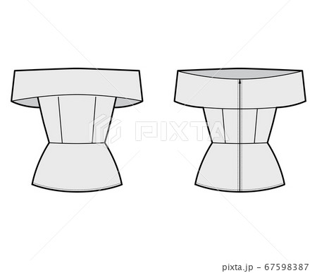 Off-the-shoulder peplum hem top technical fashion illustration with fitted body, zip fastening at back. Off-the-shoulder peplum hem top technical fashion illustration with fitted body, zip fastening at back. 67598387