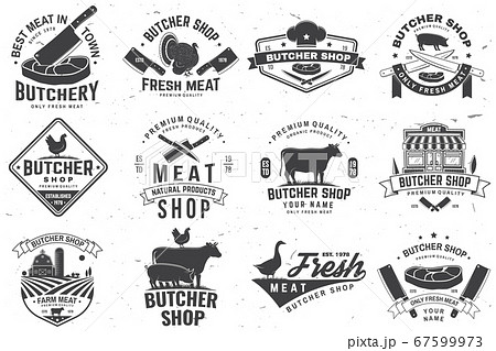 Set of butcher shop badge or label with cow, Beef, chicken. Vector. Vintage typography logo design with cow, chicken silhouette. Butchery meat shop, market, restaurant business. 67599973