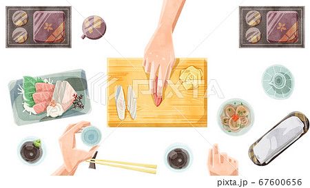 寿司屋カウンター水彩タッチイラストのイラスト素材