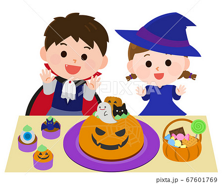 ハロウィン かわいいお菓子に喜ぶ子供 イラストのイラスト素材