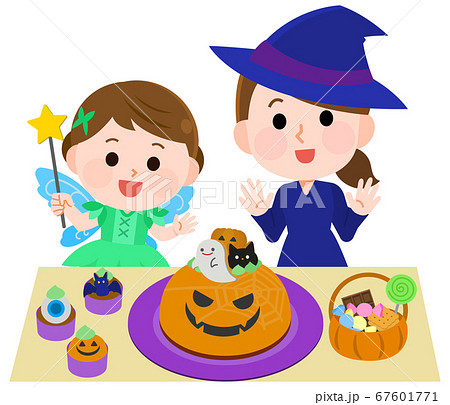 ハロウィン かわいいお菓子に喜ぶ子供と母親 イラストのイラスト素材
