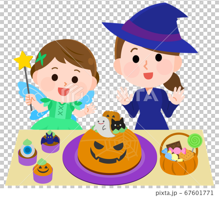 ハロウィン かわいいお菓子に喜ぶ子供と母親 イラストのイラスト素材