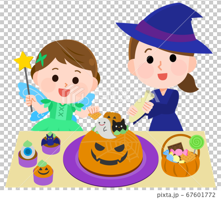 ハロウィン かわいいお菓子にを作る子供と母親 イラストのイラスト素材