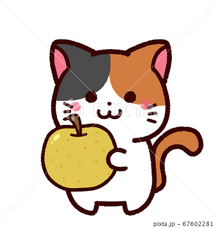 梨を持ったかわいい三毛猫のキャラクターのイラスト素材