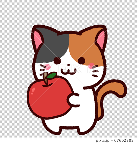 リンゴを持ったかわいい三毛猫のキャラクターのイラスト素材