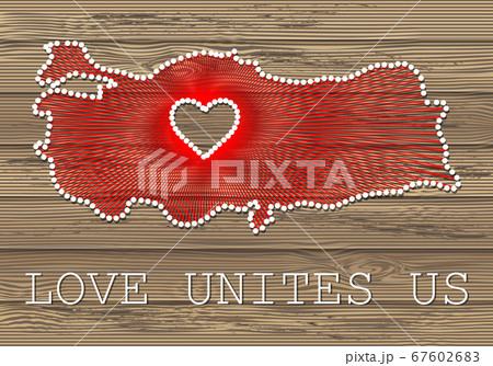 Turkey art vector map with heart. String art, yarn and pins on wooden planks texture. Love unites us. Message of love. Turkey art map Turkey art vector map with heart. String art, yarn and pins on wooden planks texture. Love unites us. Message of love. Turkey art map 67602683