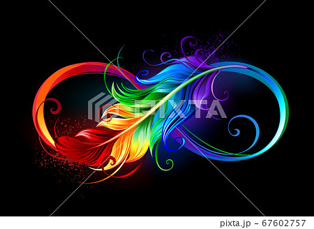 Infinity with rainbow feather on black background 67602757