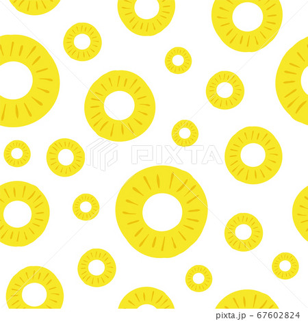 Pineapple seamless pattern. Vector illustration. Colorful slices ananas on a white background. For decoration backdrops, banners, packings, textiles, paper, wallpapers, fabrics, creatives designs, etc Pineapple seamless pattern. Vector illustration. Colorful slices ananas on a white background. For decoration backdrops, banners, packings, textiles, paper, wallpapers, fabrics, creatives designs, etc 67602824