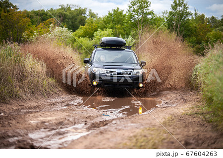 Black Subaru Forester moving at dirty forest road 67604263