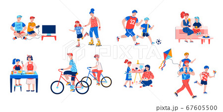 Parent and child activity set - cartoon mother and father playing with children Parent and child activity set - cartoon mother and father playing with children 67605500