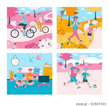 Father and son leisure time - poster set with cartoon man and boy Father and son leisure time - poster set with cartoon man and boy 67605503