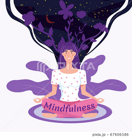Mindfullness yoga meditation woman sit in the lotus position meditate. Mental calmness and self consciousness concept. Vector illustration isolated 67606386
