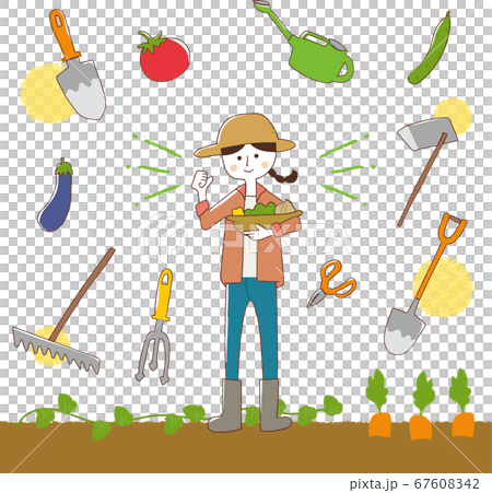 一個女人收集農具和做菜園 67608342