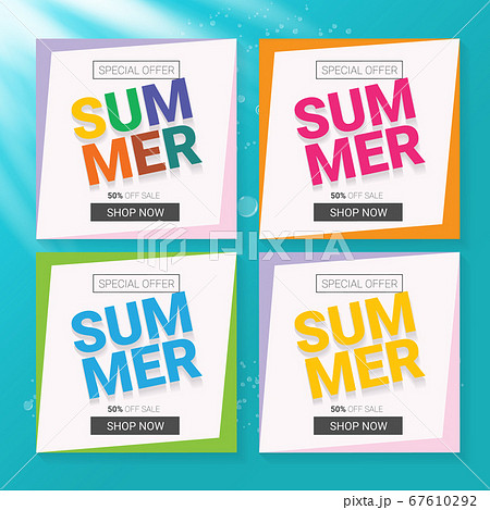 vector special offer summer label design template . Summer sale banner or badge with beautiful sun and calligraphic text on azure background with sun lights 67610292