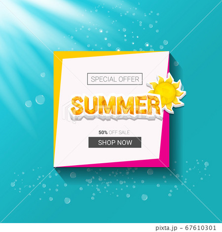 vector special offer summer label design template . Summer sale banner or badge with beautiful sun and calligraphic text on azure background with sun lights vector special offer summer label design template . Summer sale banner or badge with beautiful sun and calligraphic text on azure background with sun lights 67610301