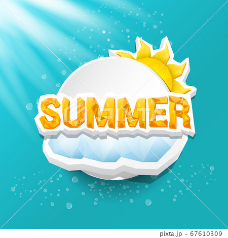 vector special offer summer label design template . Summer sale banner or badge with beautiful sun and calligraphic text on azure background with sun lights 67610309
