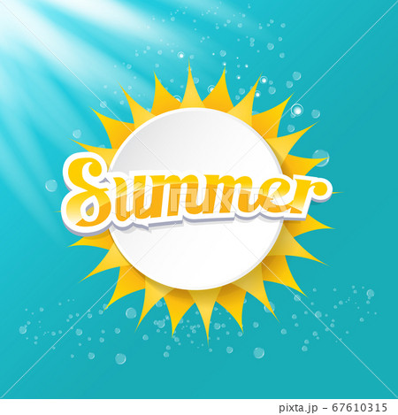 vector special offer summer label design template . Summer sale banner or badge with beautiful sun and calligraphic text on azure background with sun lights 67610315