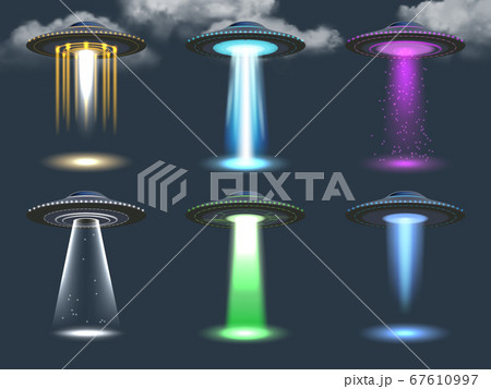 Ufo spotlight. Cosmic transport ambient alien lighting realistic glowing effect from spaceship vector illustrations set 67610997