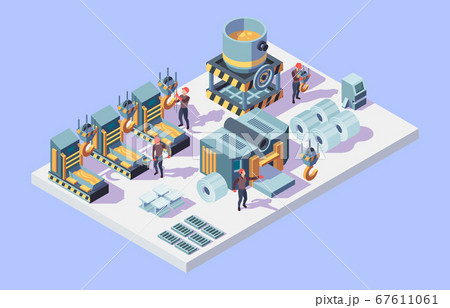Steel factory. Foundry metallurgy processes in factory interior isometric workers vector 67611061