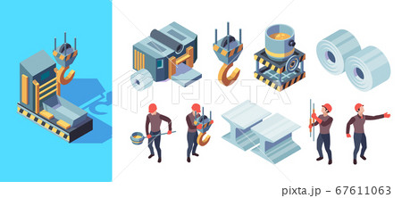 Metallurgy factory. Iron manufacturing heavy steel foundry production vector isometric illustration 67611063
