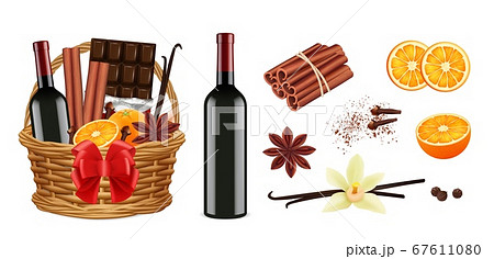 Mulled wine pack. Realistic christmas basket with wine cinnamon vanilla oranges. Isolated holiday gift vector illustration Mulled wine pack. Realistic christmas basket with wine cinnamon vanilla oranges. Isolated holiday gift vector illustration 67611080