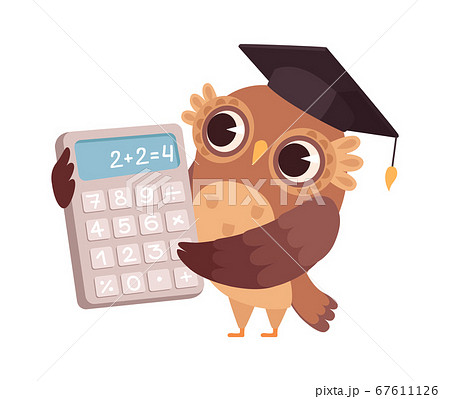 Mathematic teacher. Owl with calculator, bird professor. Isolated cartoon character at school or university vector illustration 67611126