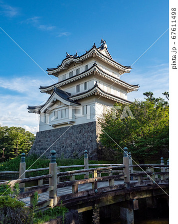 のぼうの城忍城跡の景色 難攻不落の落ちない城 青空の下での写真素材
