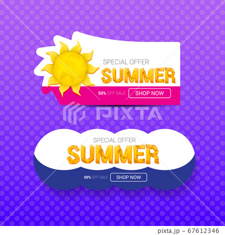 vector special offer summer label design template . Summer sale banner or badge with sun and text on summer violet background 67612346