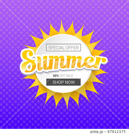 vector special offer summer label design template . Summer sale banner or badge with sun and text on summer violet background 67612375