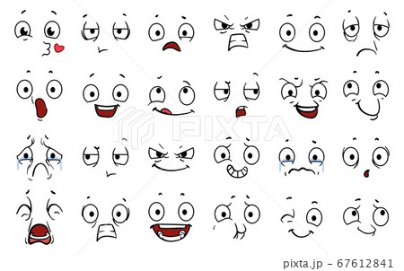Cartoon comic faces. Expressions eye, emoji wink crazy boring and angry. Funny cute emotions character, laughter smile or scared mouth vector illustration 67612841