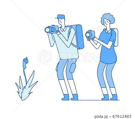 Botanists. Man woman taking flower picture. Scientists, nature researchers, biologists or backpackers vector illustration Botanists. Man woman taking flower picture. Scientists, nature researchers, biologists or backpackers vector illustration 67612865