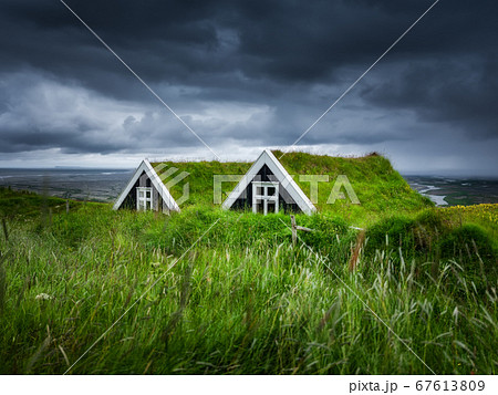 Old historic houses on the field in Iceland. Natural icelandic background. Travelling on Iceland. 67613809