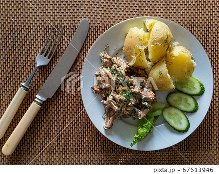 Boiled potato, mushrooms, cucumber and lettuce leaf served on white plate Boiled potato, mushrooms, cucumber and lettuce leaf served on white plate 67613946