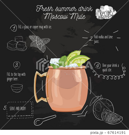 Hand drawn colorful fresh summer drink Moscow Mule recipe on blackboard Hand drawn colorful fresh summer drink Moscow Mule recipe on blackboard 67614191