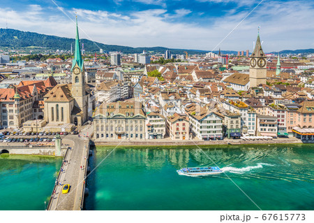 Aerial view of Zurich with river Limmat, Switzerland 67615773