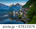 Classic view of Hallstatt with ship at sunrise, 67615976
