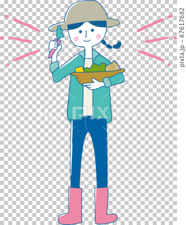 ニンジン玉ねぎ南瓜など野菜を収穫した農家の女の子 67617682