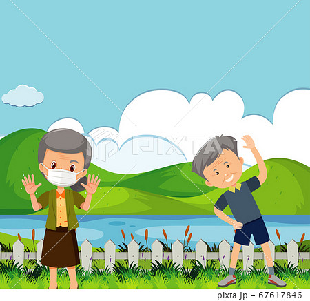 Scene with two old people exercising in the park Scene with two old people exercising in the park 67617846