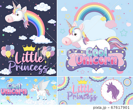 Cute Unicorn Banner On Pastel Background Colorのイラスト素材