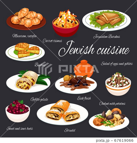 Jewish cuisine meat vegetable food with dessert 67619066